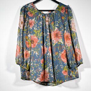 Lauren Conrad Floral Design Sheer Sleeves Top Gold Colored‎ Thread Accents Sz XL